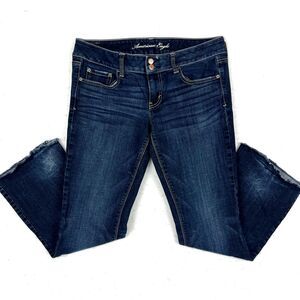American Eagle Jeans Womens SZ12 Long DK blue Low Rise Bootcut Distressed 33x37